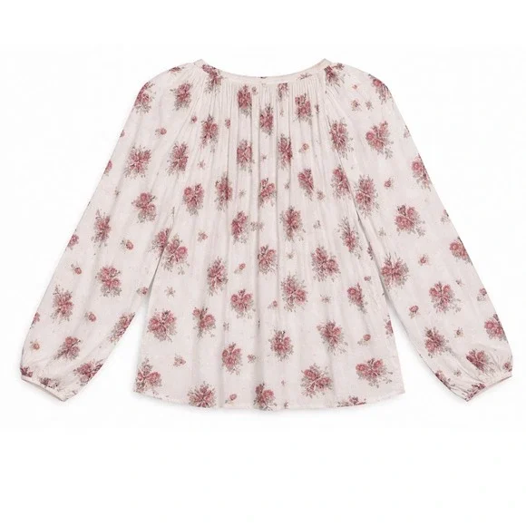 Chaps Womens Floral Gauze Peasant Blouse Cream Pink Button Front Long Sleeve L - Picture 3 of 5